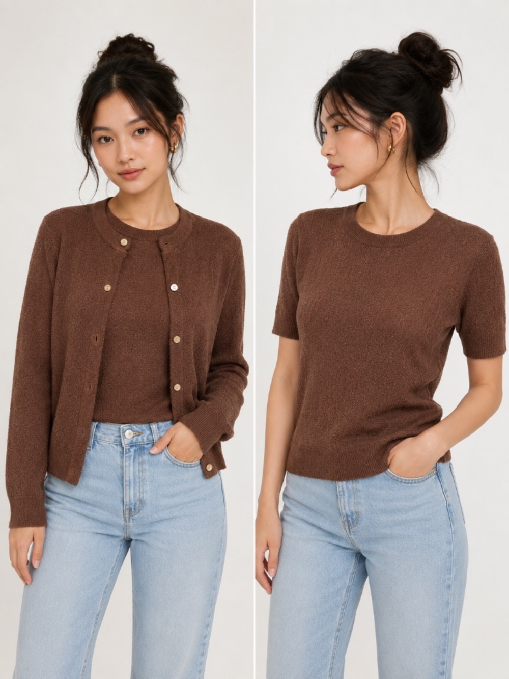 2PC Set Stretchy Brown Light Weight Knit Cardigan And Top